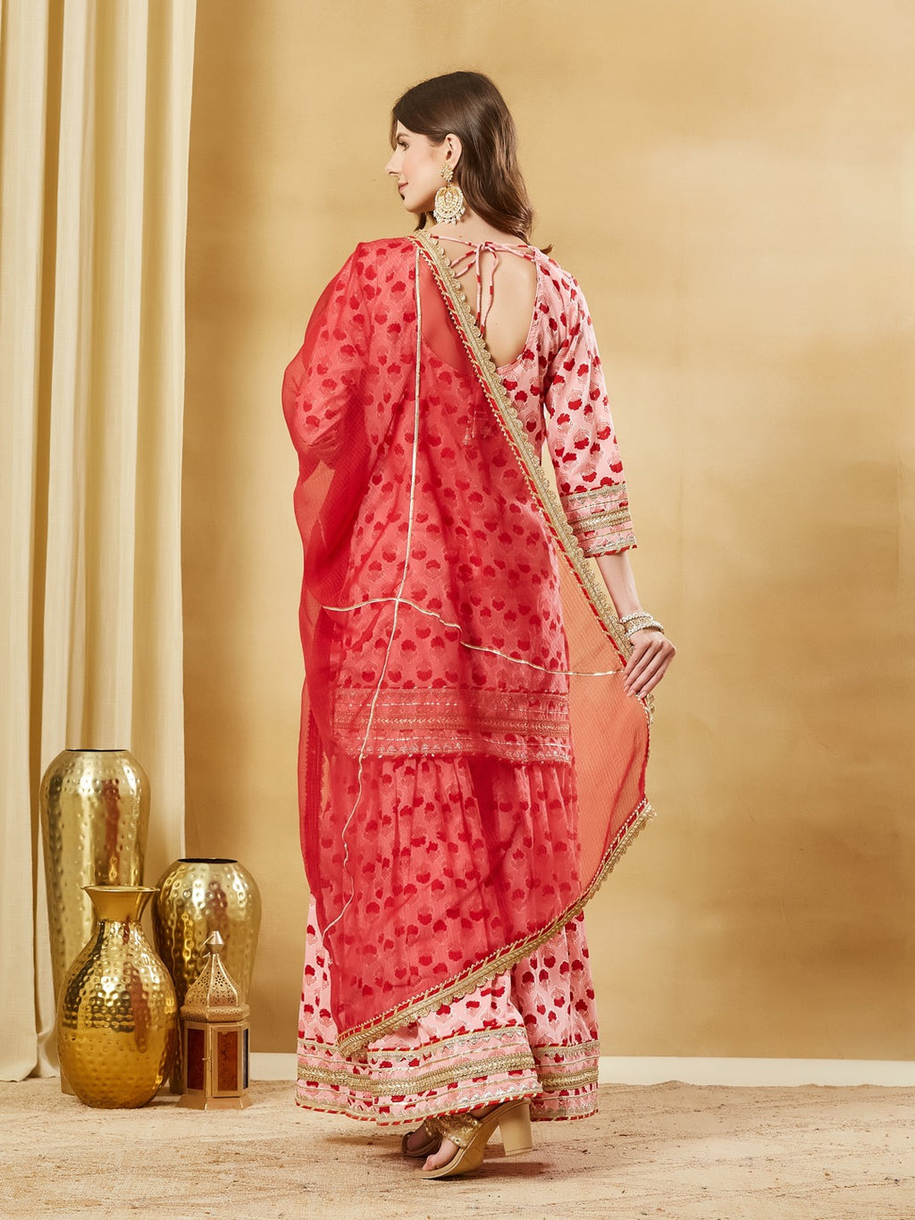 Pink Hand Block Kurta Sharara Set with Dupatta