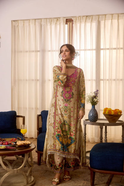 Muslin Cotton Dual-Tone Anarkali Sharara Set with Pearl Necklace