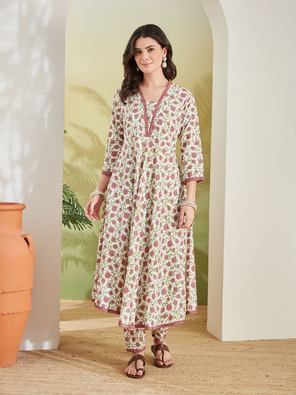Women Floral Printed Pure Cotton Cream Anarkali Kurta Set with Trousers & Dupatta