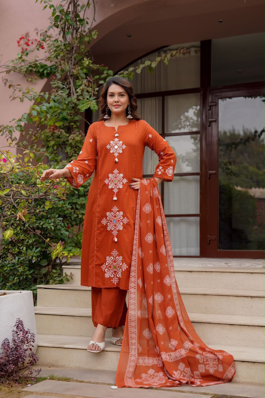 Elevate Your Ethnic Grace: Luxurious Taj Cotton Heavy Embroidered Kurta Set with Pocket Palazzo & Dupatta