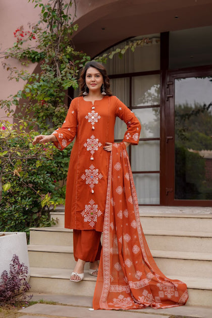 Elevate Your Ethnic Grace: Luxurious Taj Cotton Heavy Embroidered Kurta Set with Pocket Palazzo & Dupatta