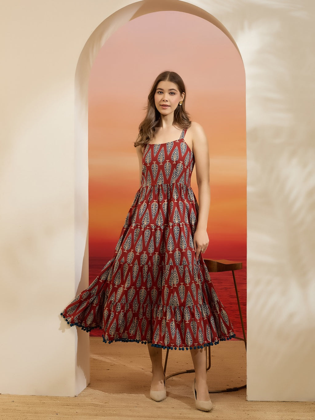 Maroon Leaf-Print Cotton Fit & Flare Dress with Pom-Pom Lace