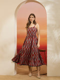 Maroon Leaf-Print Cotton Fit & Flare Dress with Pom-Pom Lace