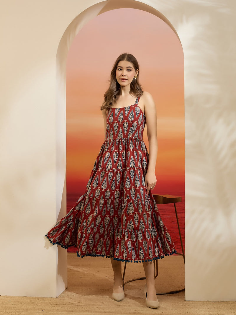 Maroon Leaf-Print Cotton Fit & Flare Dress with Pom-Pom Lace