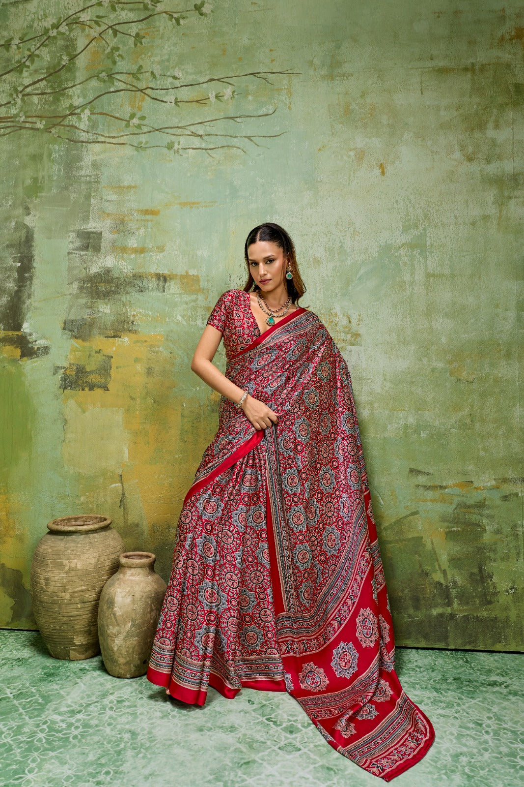 Premium Modal Satin Ajrakh Printed Saree with Matching Blouse