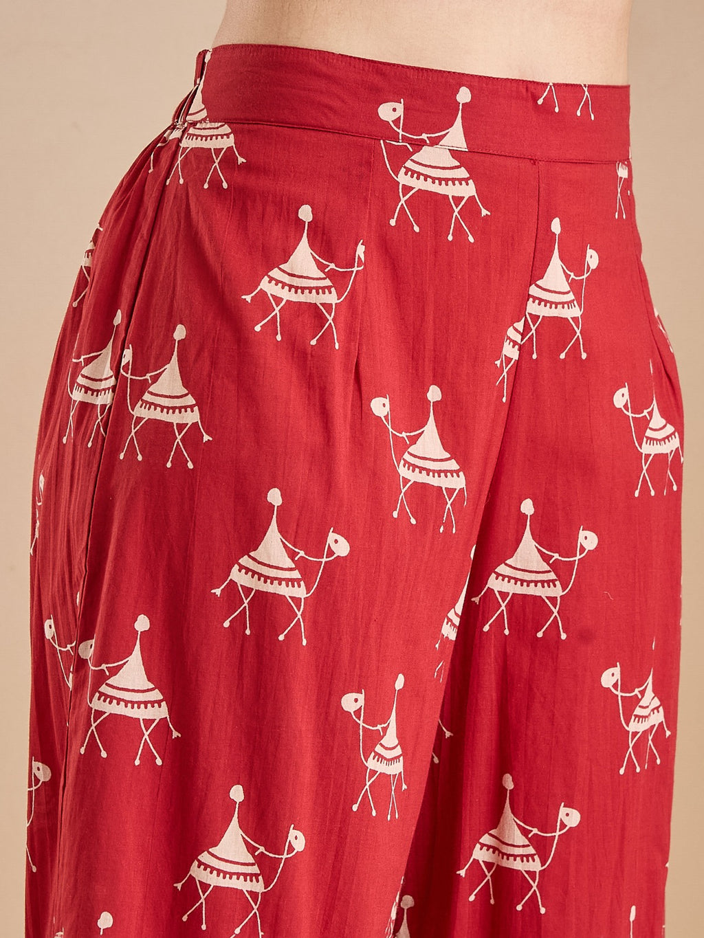 Women Animal Print Pure Cotton Red A-Line Kurti with Pants
