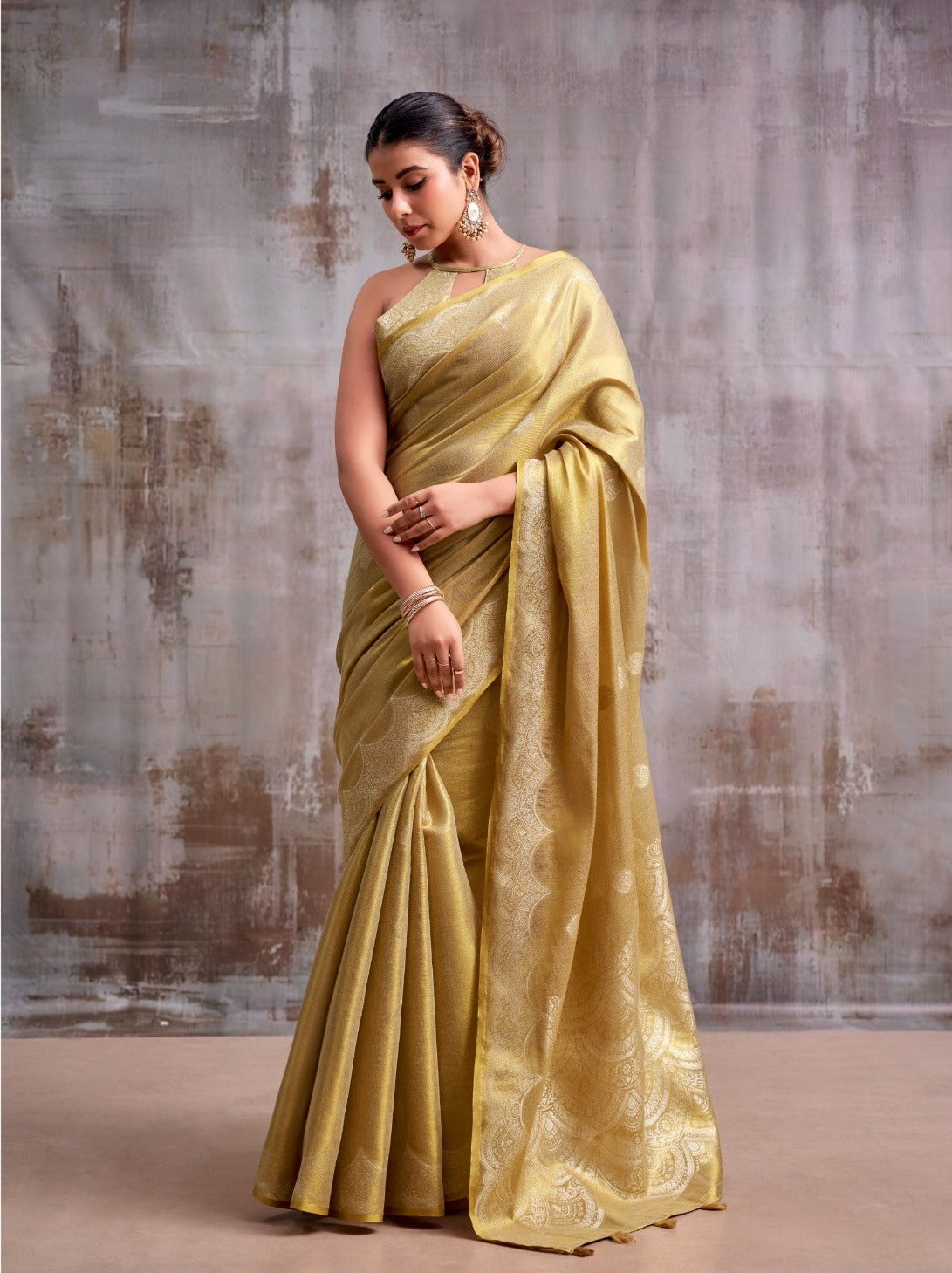 Luminous Grace: Designer Tissue Silk Saree with Matching Blouse Piece