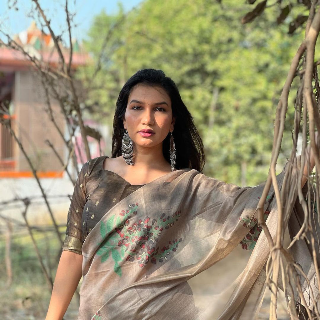 Premium Soft Muga Silk Saree with All-Over Floral Weaving & Contrast Blouse