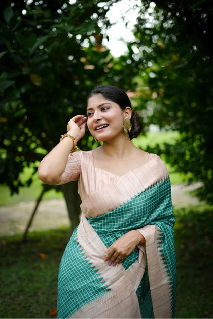 Soft Tussar Silk Saree with Kantha Weave Contrast Border & Check Print