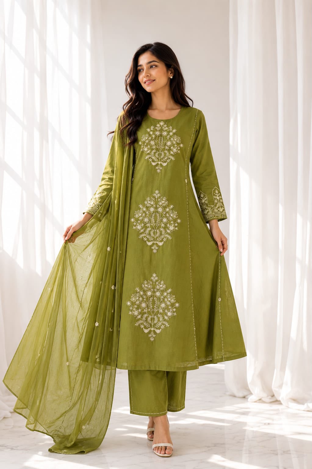 Handcrafted Pure Cotton Anarkali Suit Set with Embroidered Mulmul Dupatta