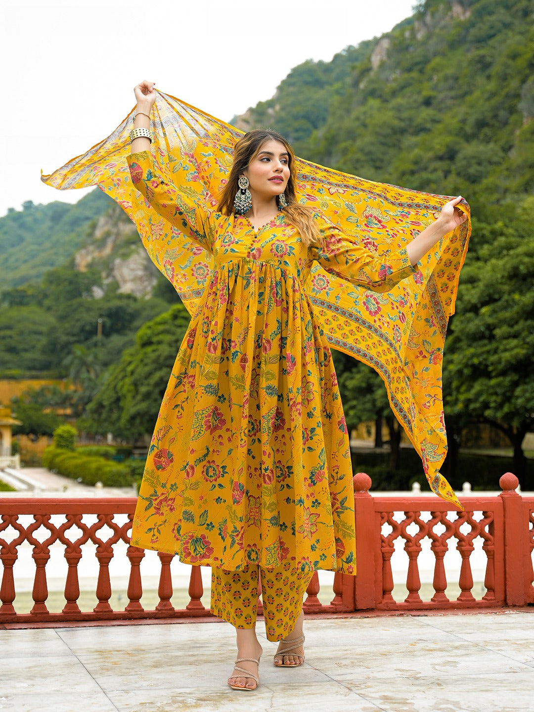 Mustard Yellow Floral Printed Pure Cotton Flared Anarkali Kurta Set with Palazzo & Dupatta