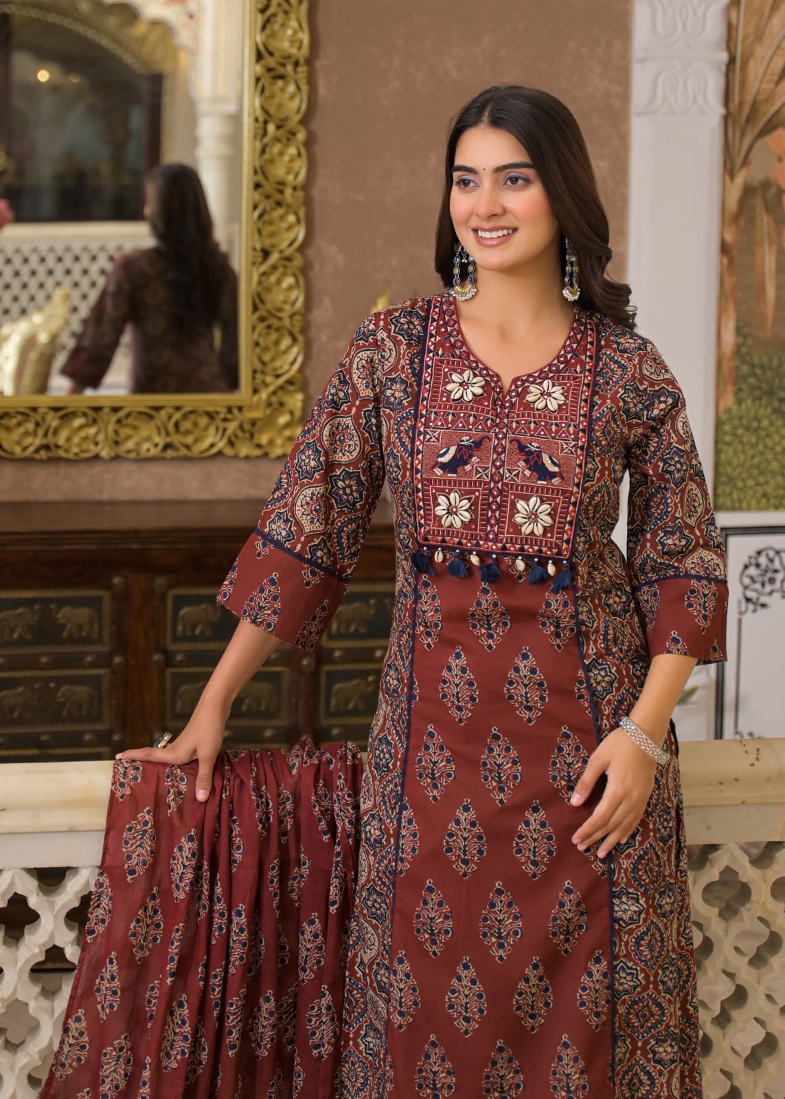 Premium Hand-Embroidered Cotton 3-Piece Suit Set with Mal Mal Dupatta