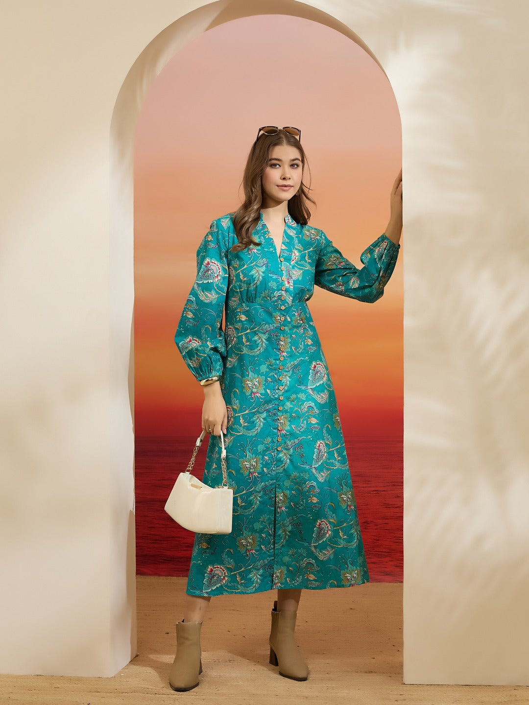 Turquoise Blue Floral Printed Pure Cotton Tiered Flared Dress