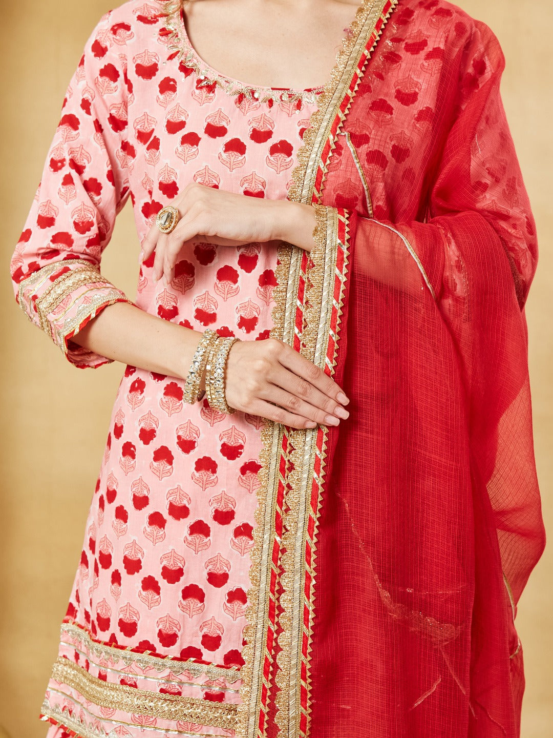 Pink Hand Block Kurta Sharara Set with Dupatta