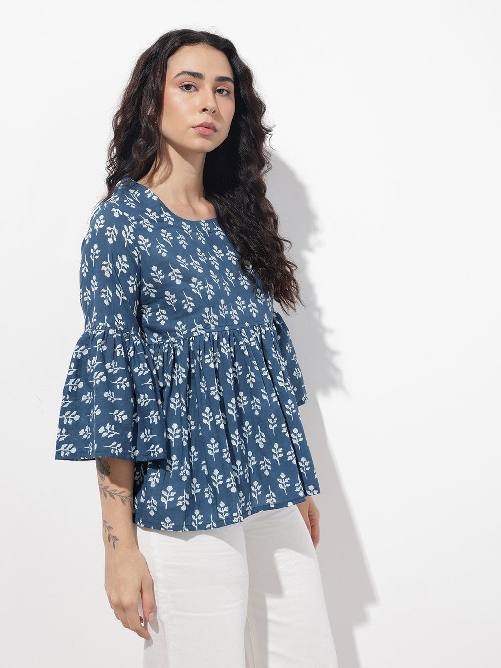 Blue Floral Round Neck Peplum Top