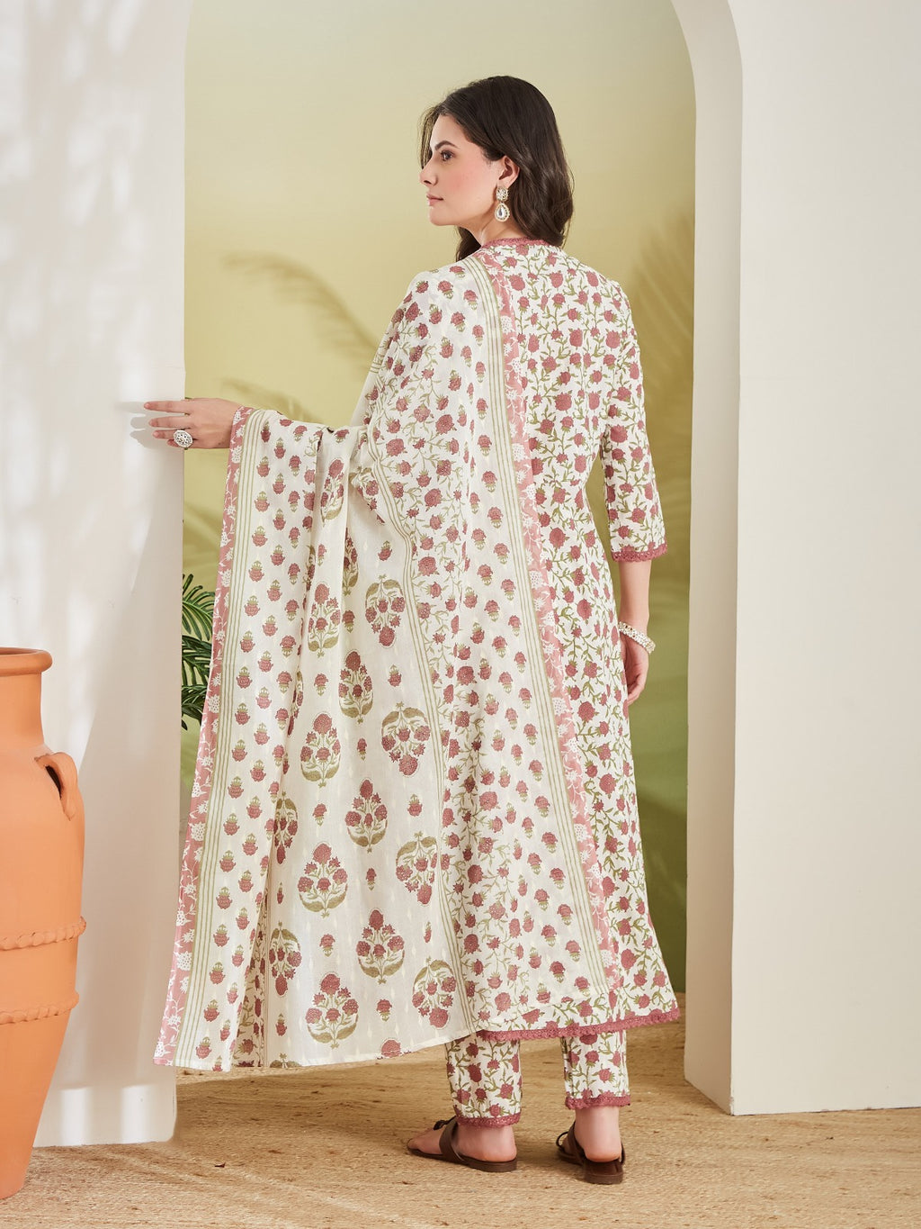 Women Floral Printed Pure Cotton Cream Anarkali Kurta Set with Trousers & Dupatta