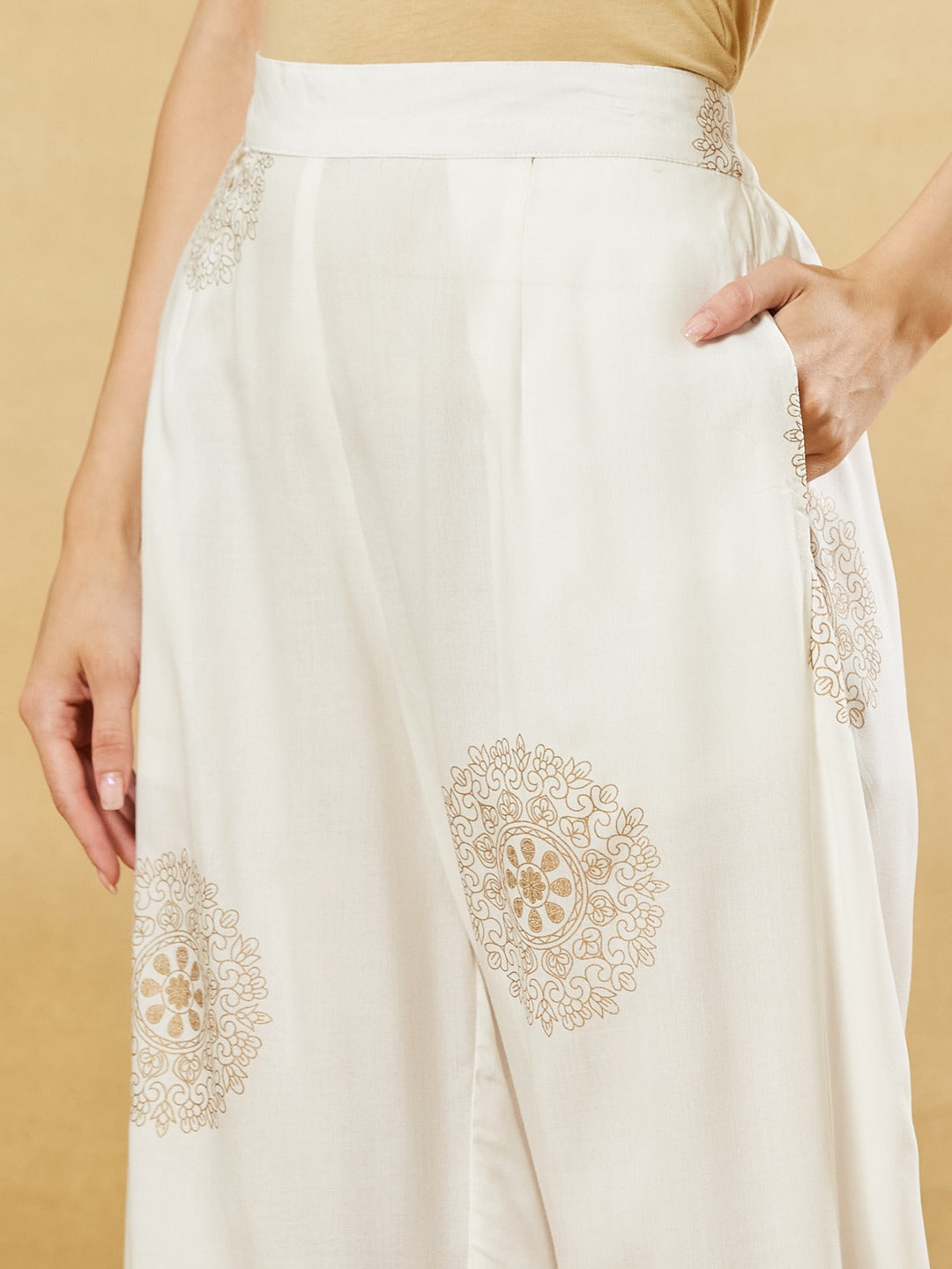 White Rayon Foil Print Kurta Palazzo Sets