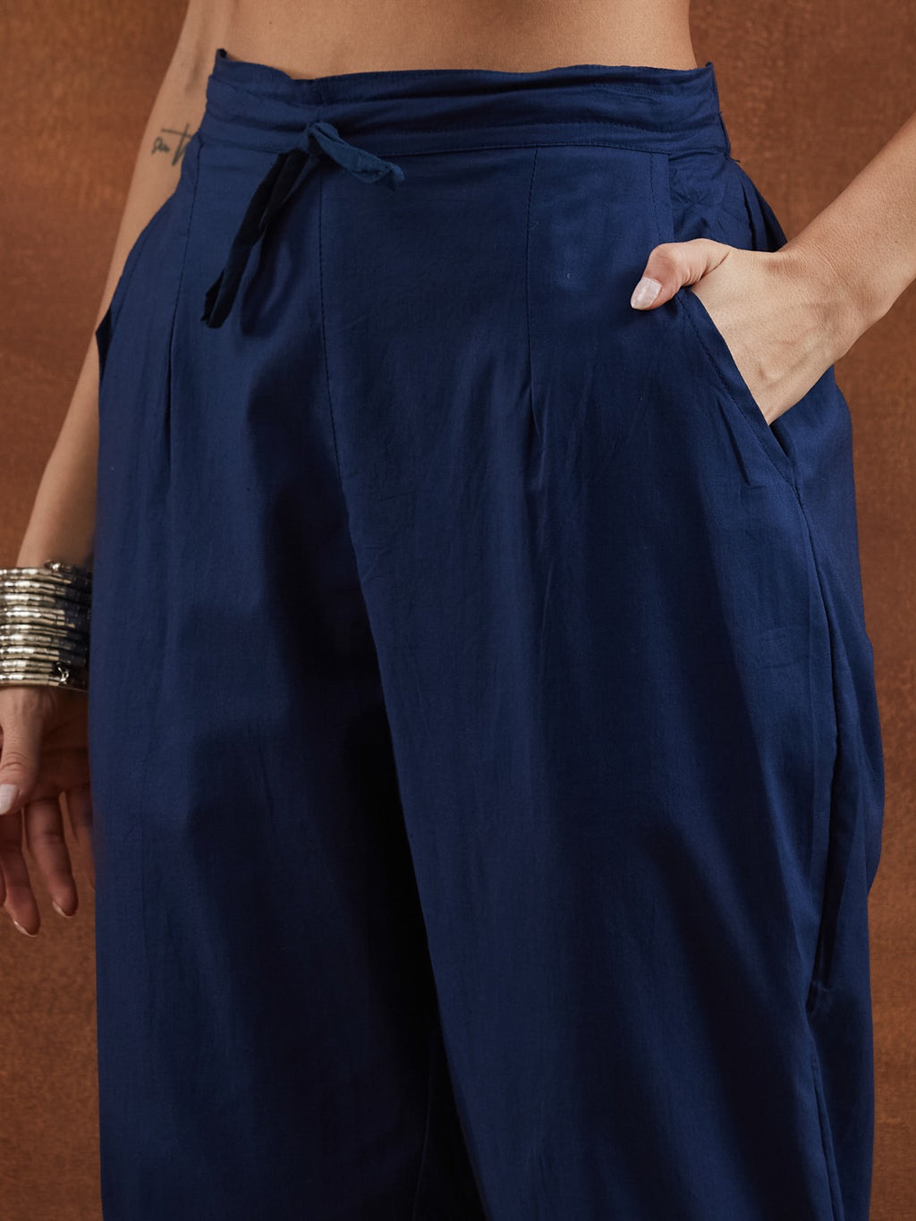 Deep Navy Blue Floral & Geometric Printed Cotton Kurta Pant Set