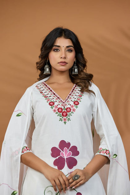 Handcrafted Mal Cotton Floral Embroidered Suit Set