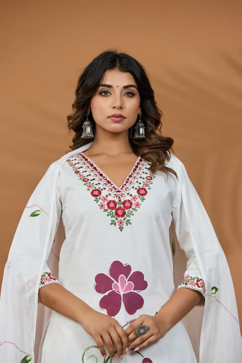 Handcrafted Mal Cotton Floral Embroidered Suit Set