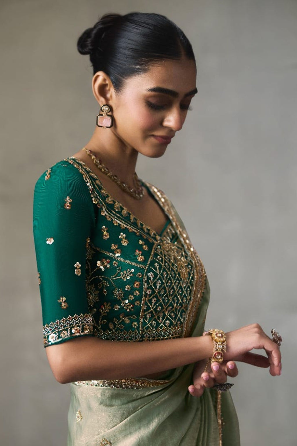 Embellished Sheer Silk Saree with Heavy Contrast Work Blouse