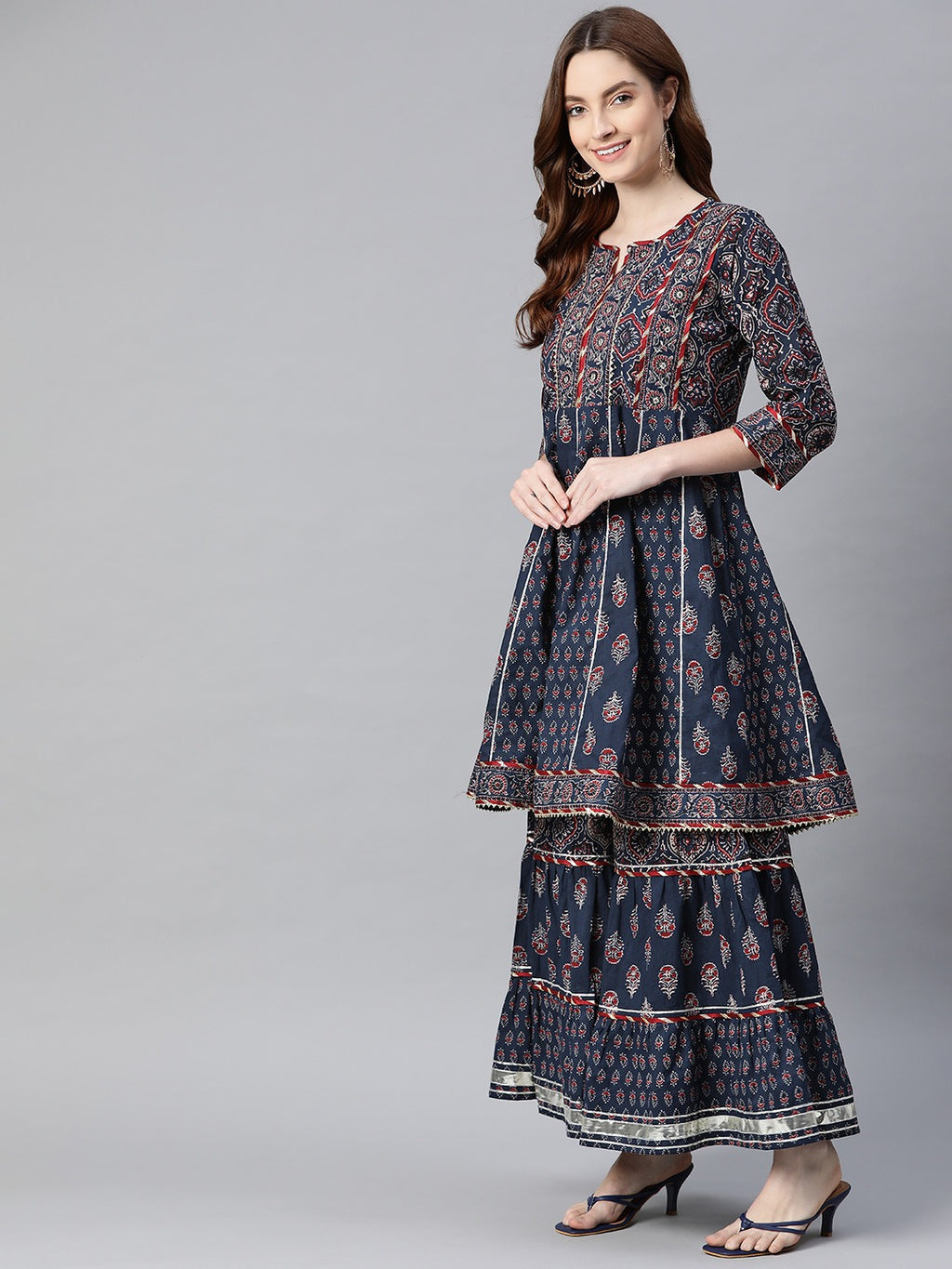 Women's Indigo Cotton Anarkali Short Kurti & Sharara Set with Dupatta