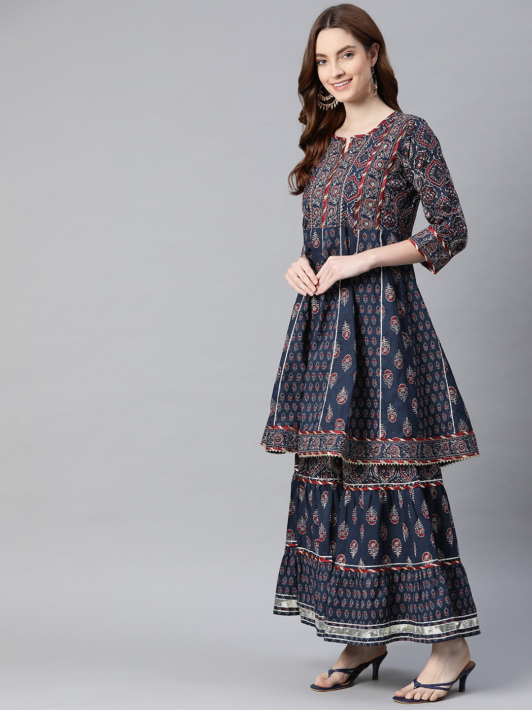 Women's Indigo Cotton Anarkali Short Kurti & Sharara Set with Dupatta