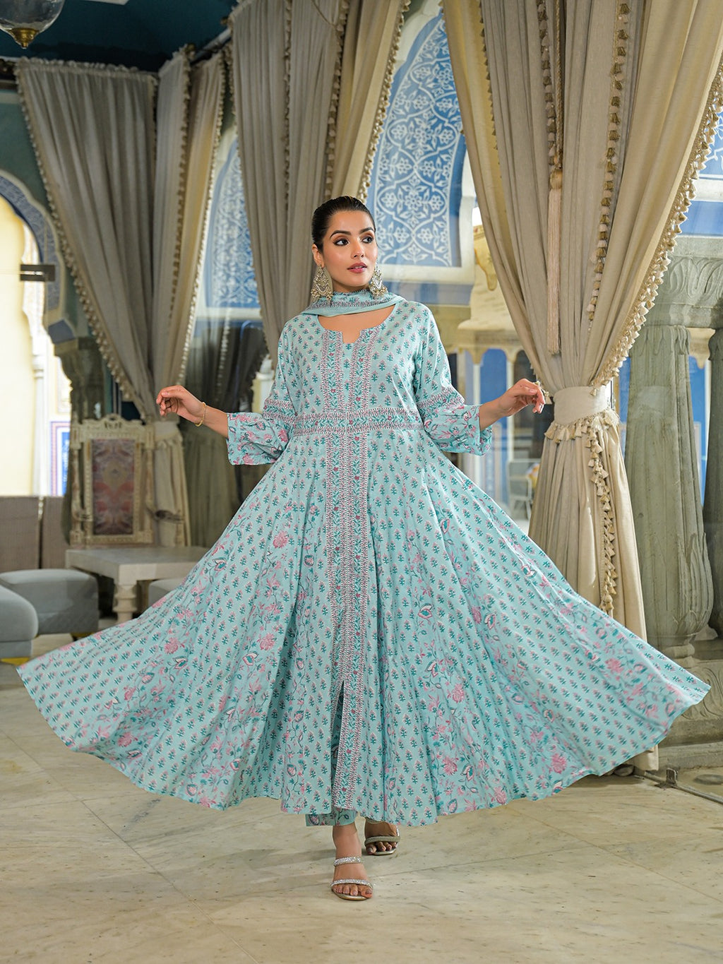 Sky Blue Printed Pure Cotton Anarkali Suit Set