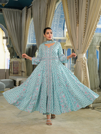 Sky Blue Printed Pure Cotton Anarkali Suit Set