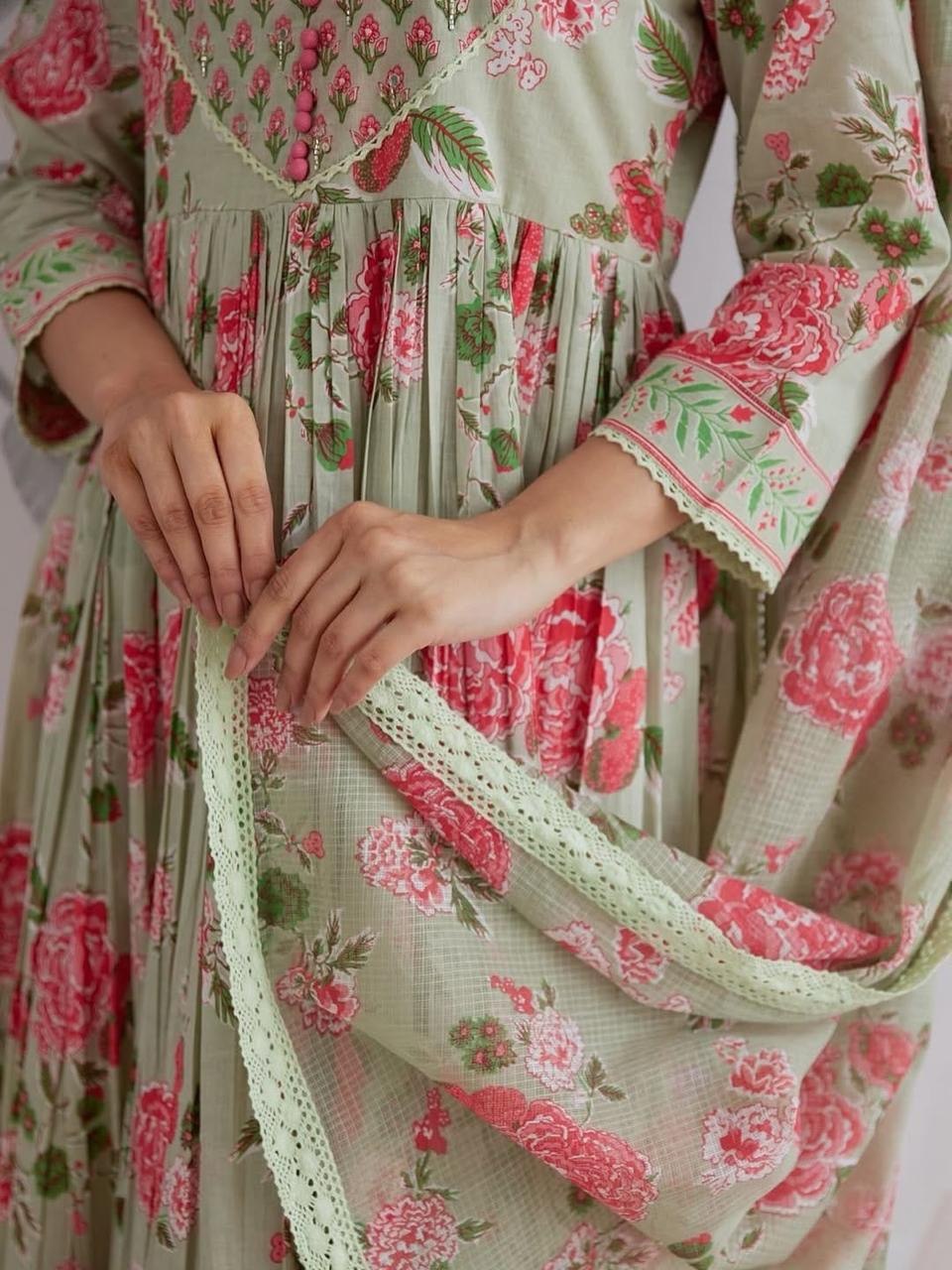 Pure Jaipuri Cotton Floral Anarkali 3-Piece Set with Handwork Yoke & Lace Dupatta