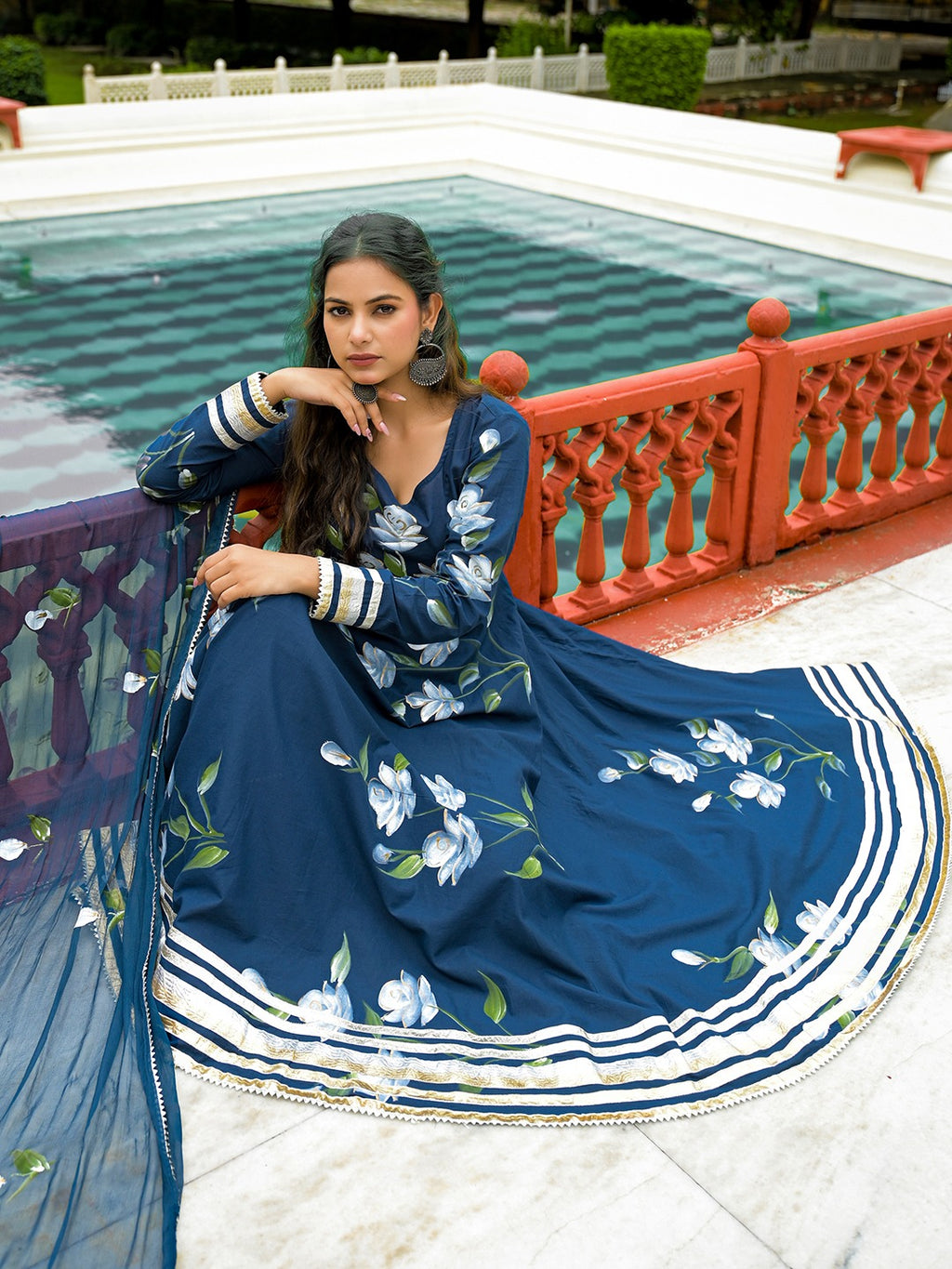 Blue Hand Painted Anarkali Kurta Pant With Dupatta