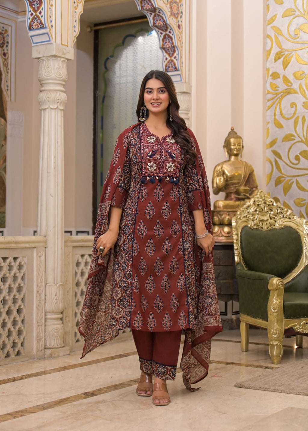 Premium Hand-Embroidered Cotton 3-Piece Suit Set with Mal Mal Dupatta