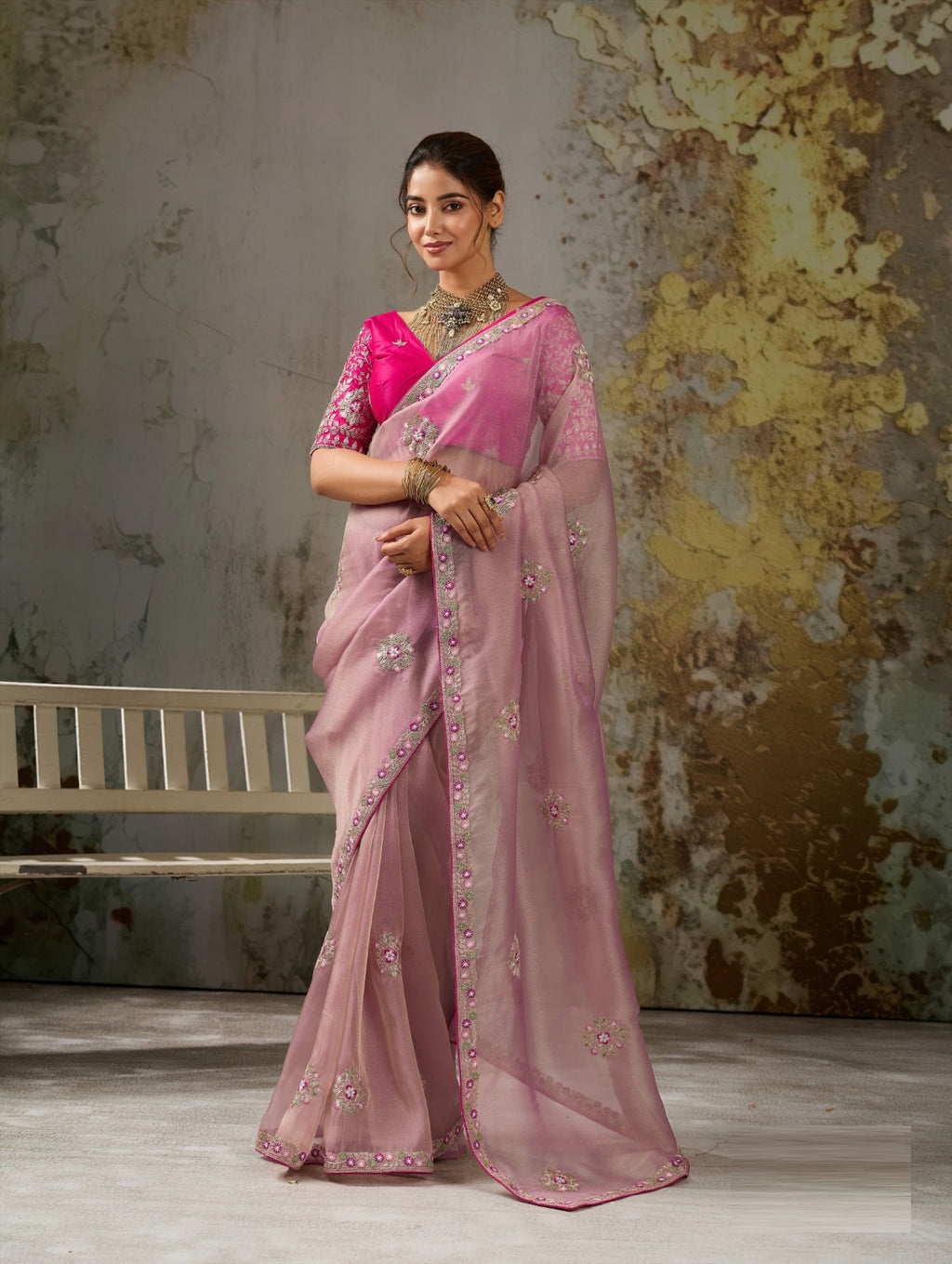 Metallic Tissue Saree with Pita Zari & Antique Sleeve-Embroidered Satin Blouse