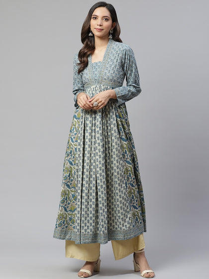 Elegant Flared Cotton Block Print Kurta with Sequin Work