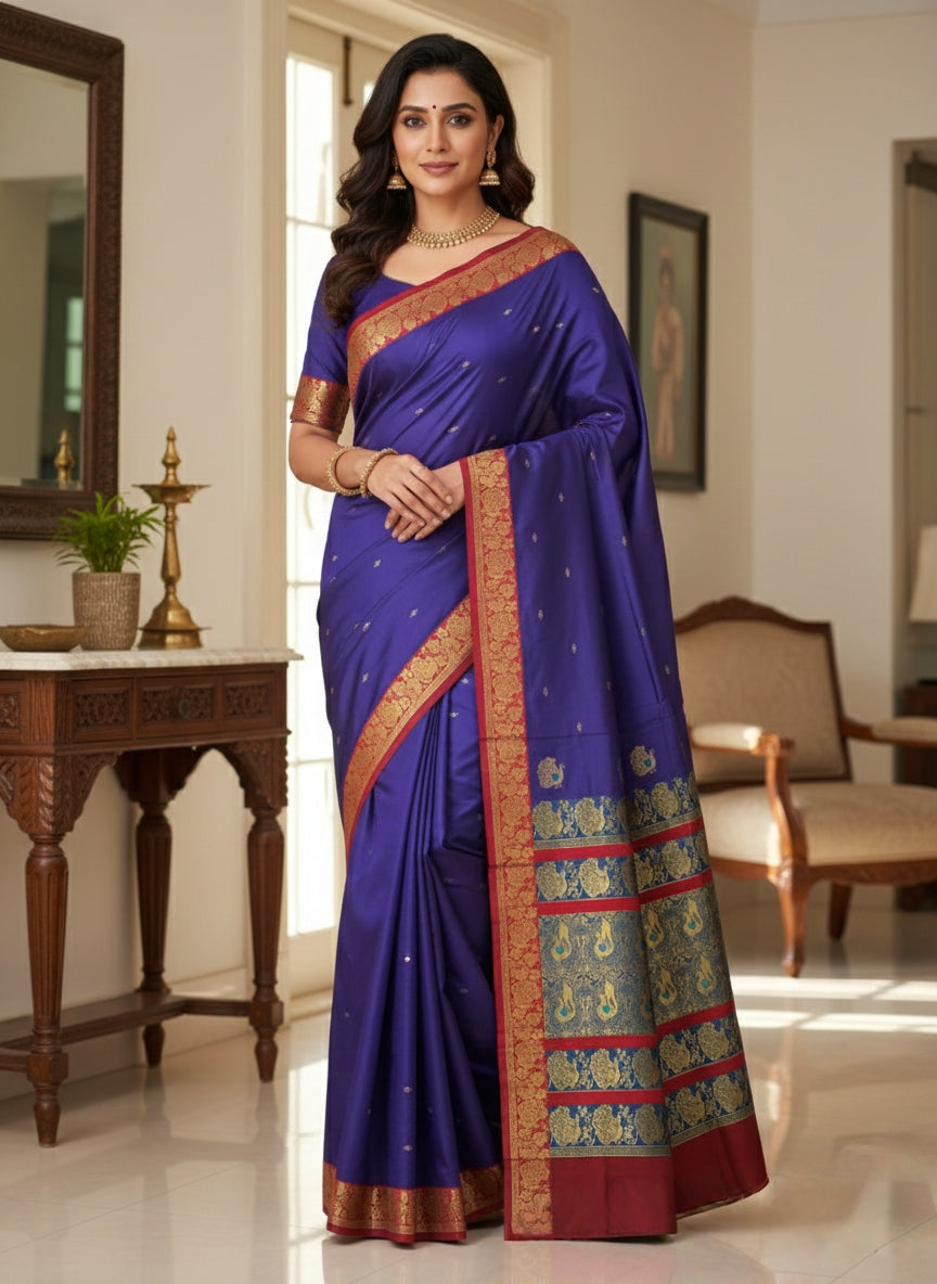 Peshwai Paithani Silk Saree with All-Over Zari Butta & Contrast Blouse