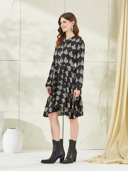 Black Long Sleeve Boat Neck Dress with Curved Hem