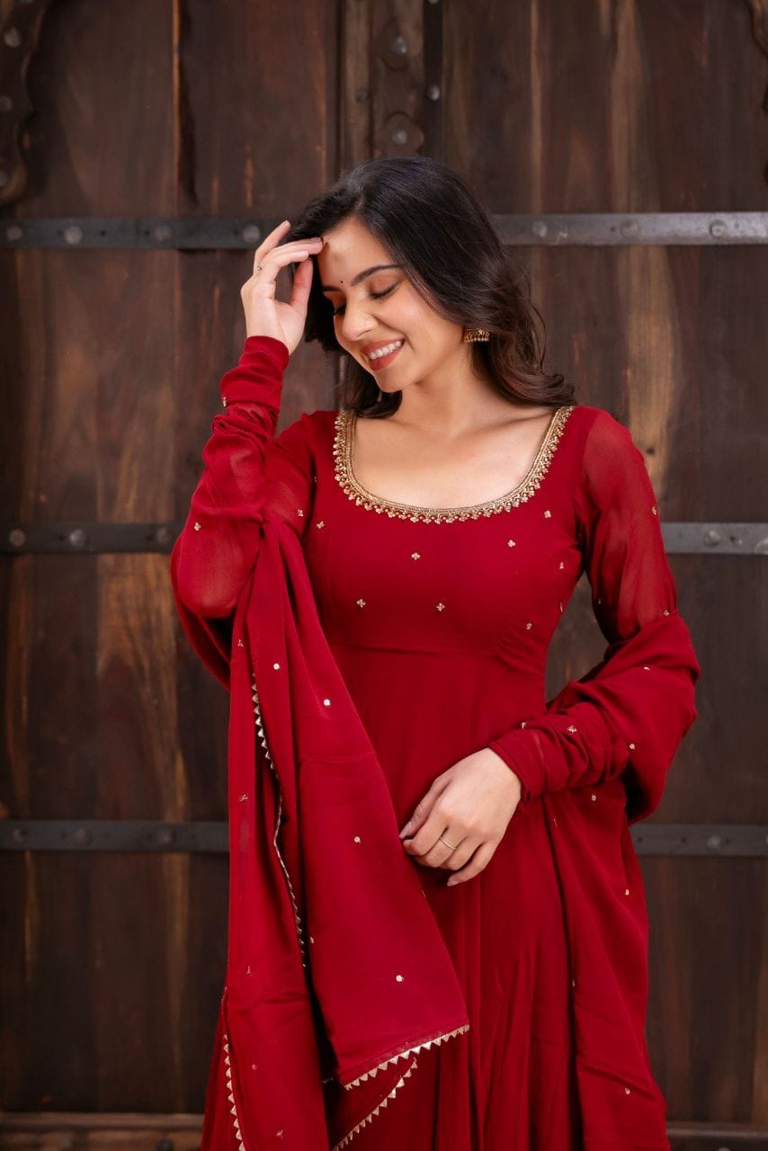 Elegance in Motion: Regal Maroon Fox Georgette Anarkali Suit Set with Intricate Handwork