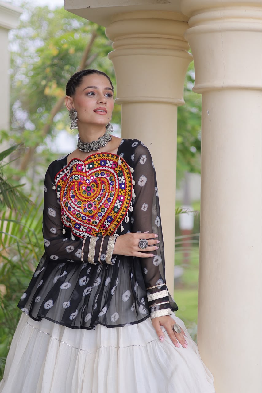 Kutchi Gamthi Patchwork Bandhani Top with Tiered Kora Cotton Lehenga