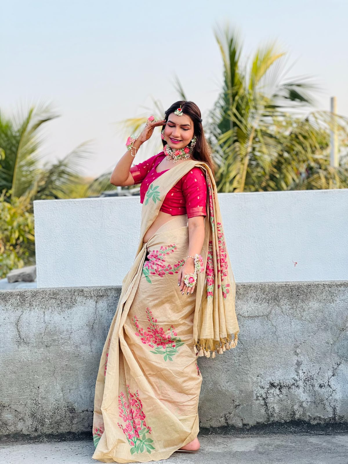 Premium Soft Muga Silk Saree with All-Over Floral Weaving & Contrast Blouse