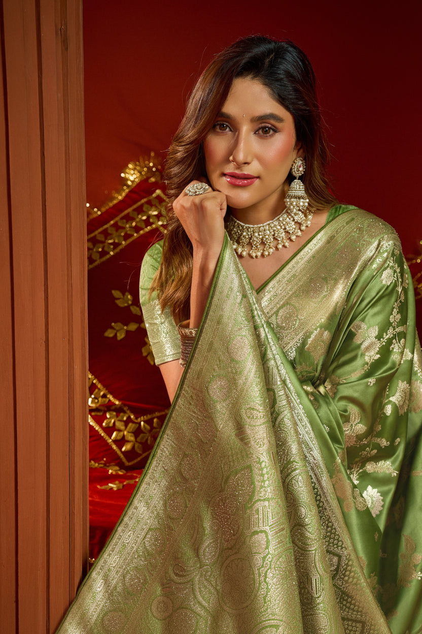 Royal Satin Silk Saree with Intricate Swarovski Work & Fancy Border | Designer Festive Collection