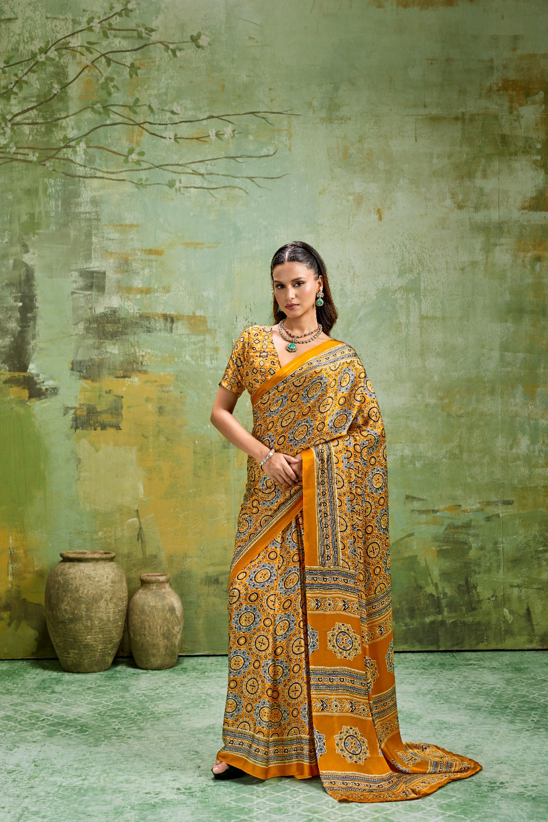 Premium Modal Satin Ajrakh Printed Saree with Matching Blouse