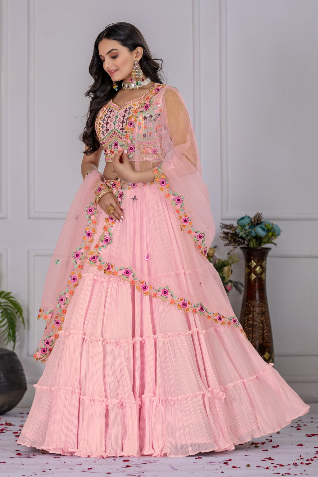 Georgette Pleated Lehenga Set with Embroidered Blouse | Festive Wear