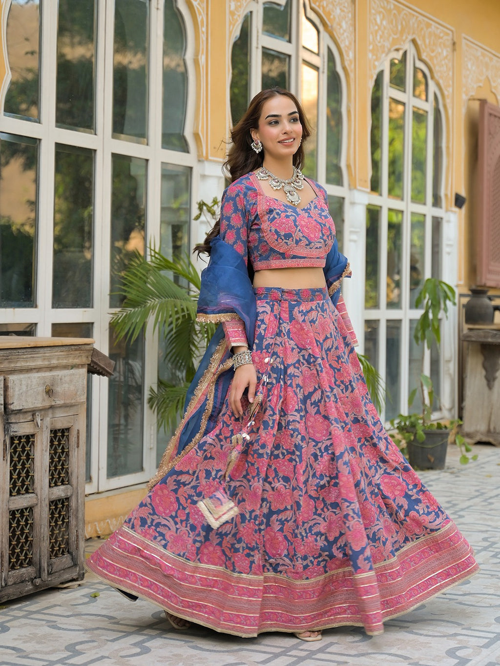 Blue Printed Lehenga with Choli and Dupatta