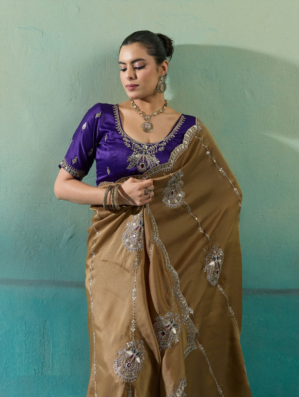 Premium Self-Stripe Giraffe Saree with Handcrafted Butta & Contrast Satin Blouse