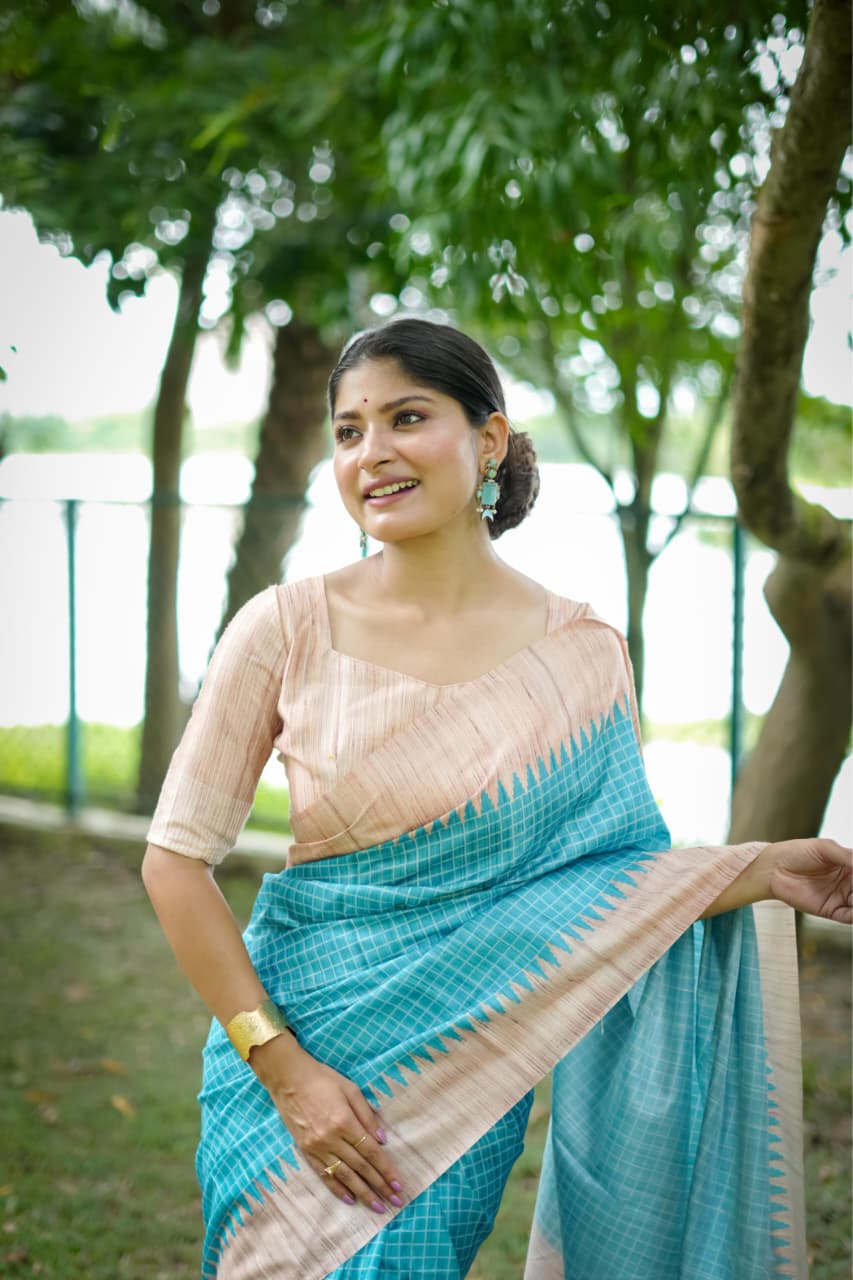 Soft Tussar Silk Saree with Kantha Weave Contrast Border & Check Print