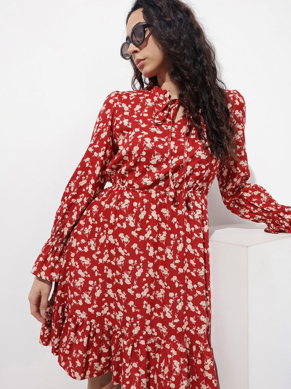 Maroon Round Neck Floral Print Rayon Midi Dress