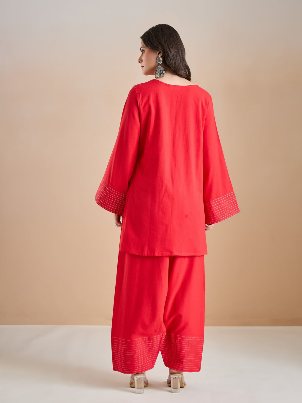Coral Red Solid Cotton Farshi Salwar Set