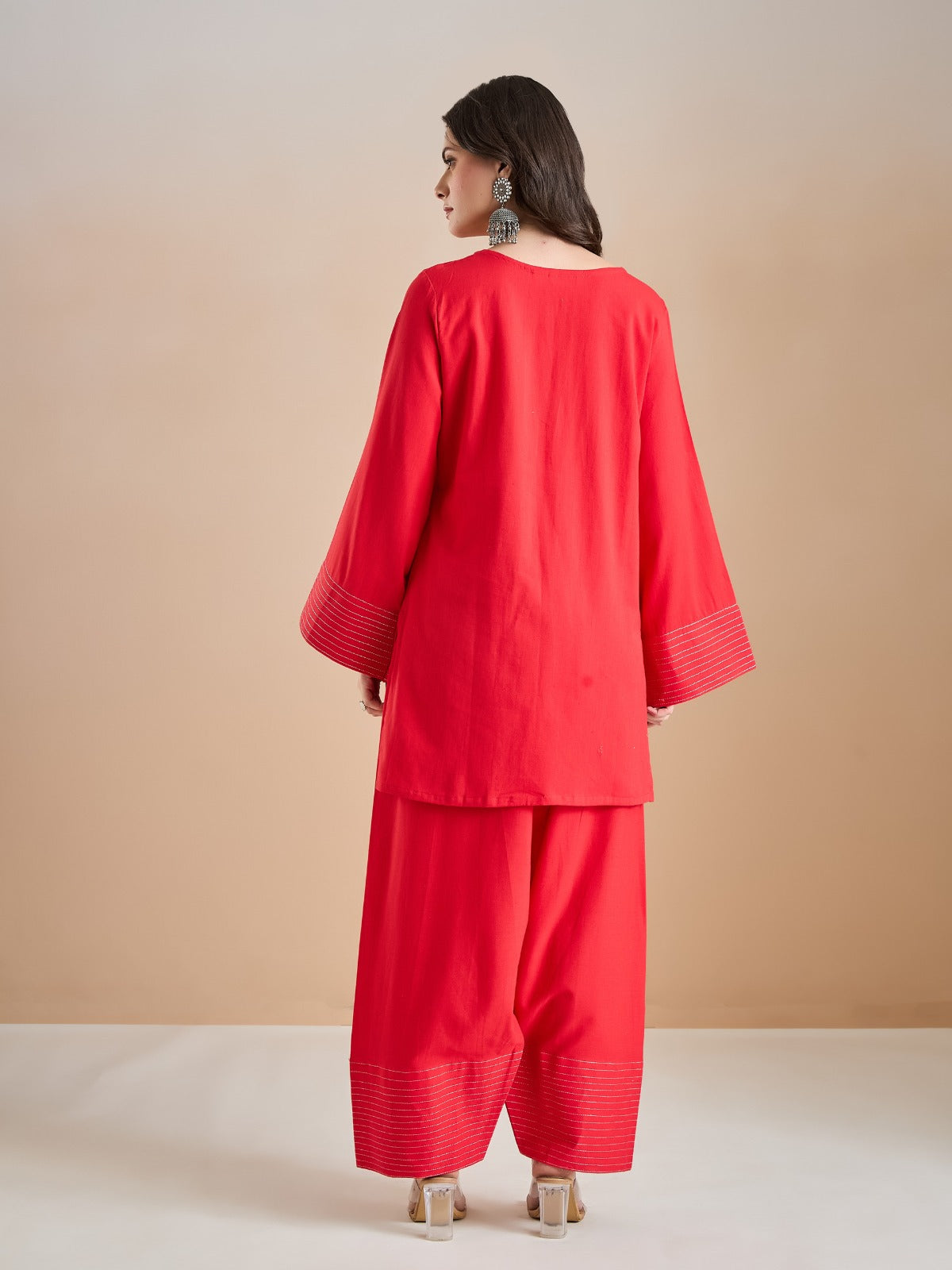 Coral Red Solid Cotton Farshi Salwar Set