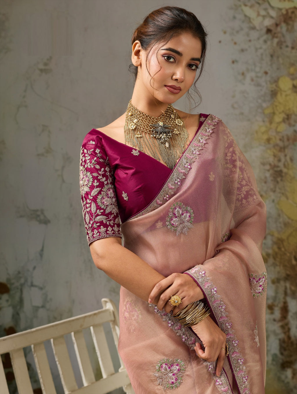 Metallic Tissue Saree with Pita Zari & Antique Sleeve-Embroidered Satin Blouse