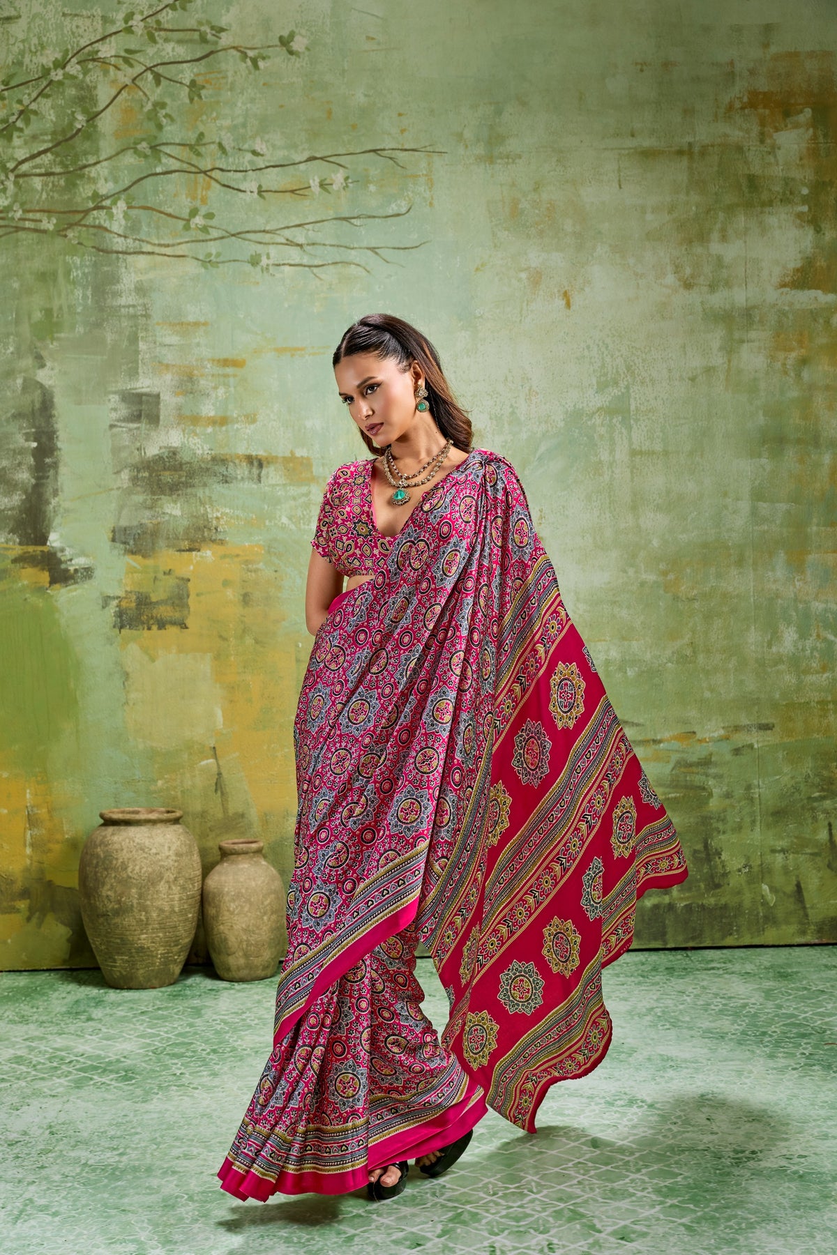 Premium Modal Satin Ajrakh Printed Saree with Matching Blouse